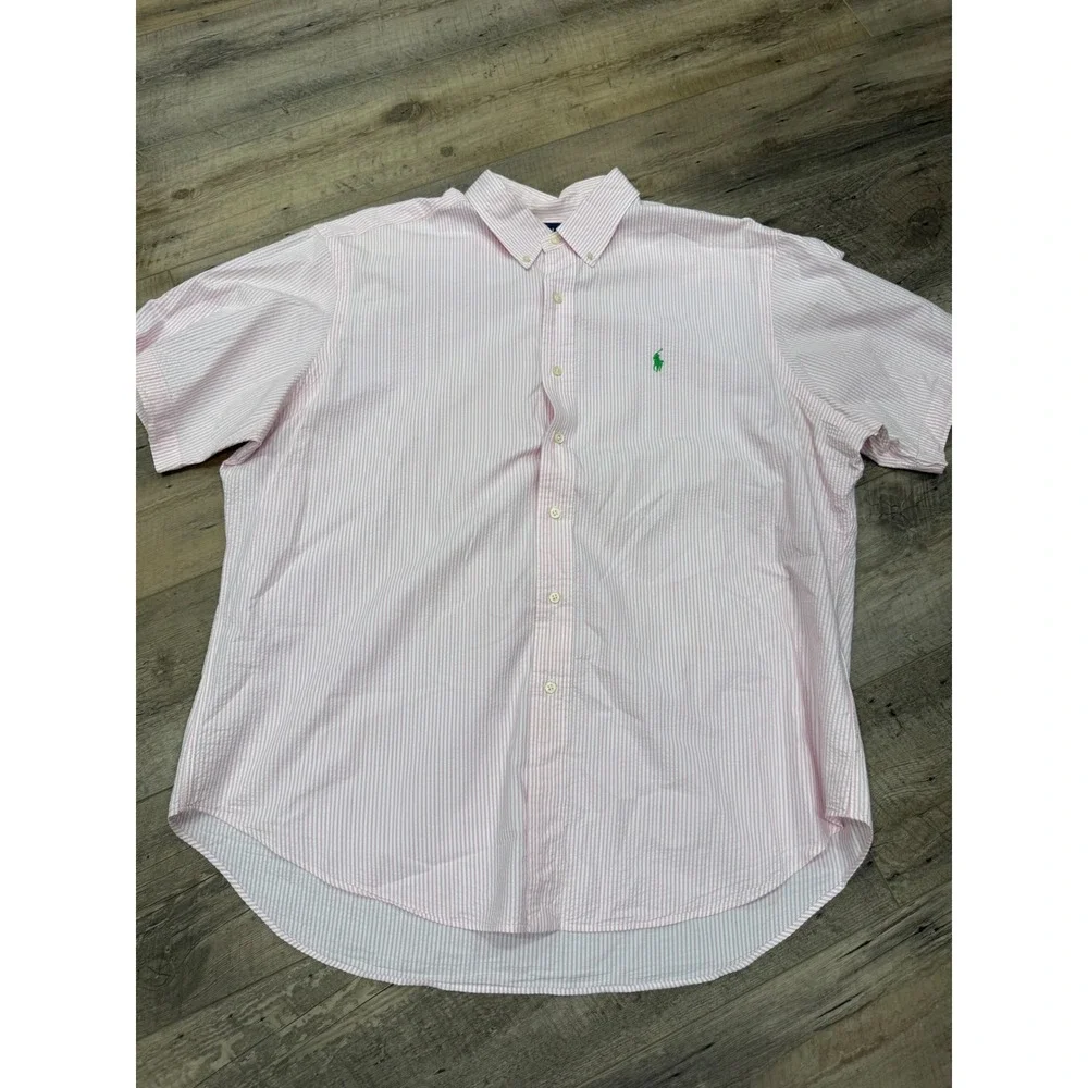 Polo Ralph Lauren Mens XXL Pink White Striped Seersucker Short Sleeve Shirt Logo